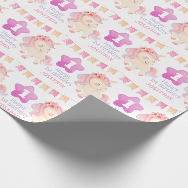 Pastel Niedlich Unicorn Party Flag Kindergeburtsta Geschenkpapier (Ecke)