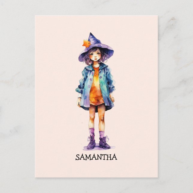 Pastel Niedlich Witch Girl Halloween Ästhetik Postkarte (Vorderseite)