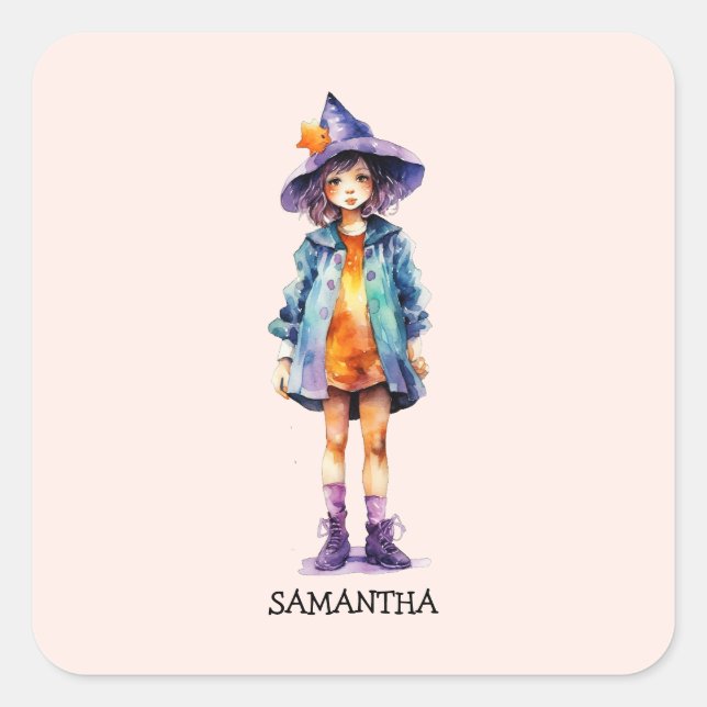Pastel Niedlich Witch Girl Halloween Ästhetik Quadratischer Aufkleber (Vorderseite)