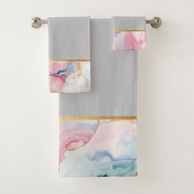 PASTEL OCEAN MARBLE GOLD GRAU BADEZIMMER TOWEL SET (Insitu)