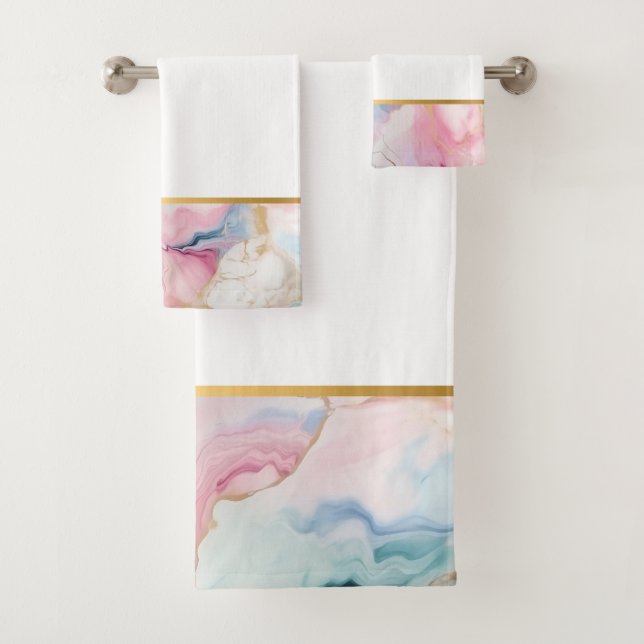 PASTEL OCEAN MARBLE GOLD WHITE BADEZIMMER TOWEL SE BADHANDTUCH SET (Insitu)