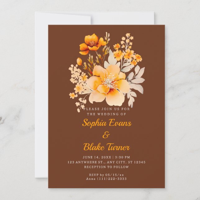 Pastel Orange Floral Bouquet Fall Brown Wedding Einladung (Vorderseite)