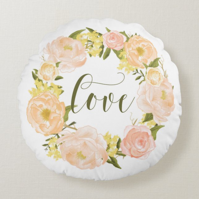 Pastel Orange Peonies Wreath | Liebe Rundes Kissen (Vorderseite)
