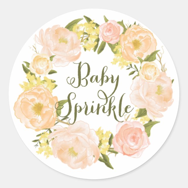 Pastel Orange Peony Wreath Baby Sprinkle Runder Aufkleber (Vorderseite)