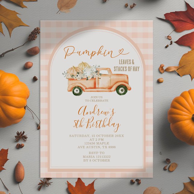 Pastel Orange Tractor Pumpkin Gingham Birthday Einladung (Von Creator hochgeladen)
