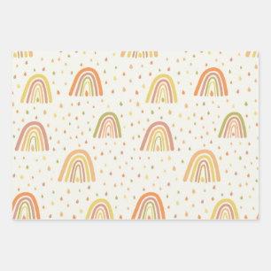 Pastel Orange und Gelbe Boho Regenbogen mit Tropfe Geschenkpapier Set