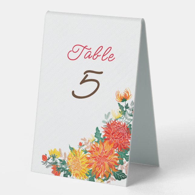 Pastel Orange Yellow Spring Dahlia Blume Hochzeit Tischaufsteller (Vorderseite)