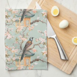 Pastel Orientalischer Vogel und Fruchtblüten Geschirrtuch