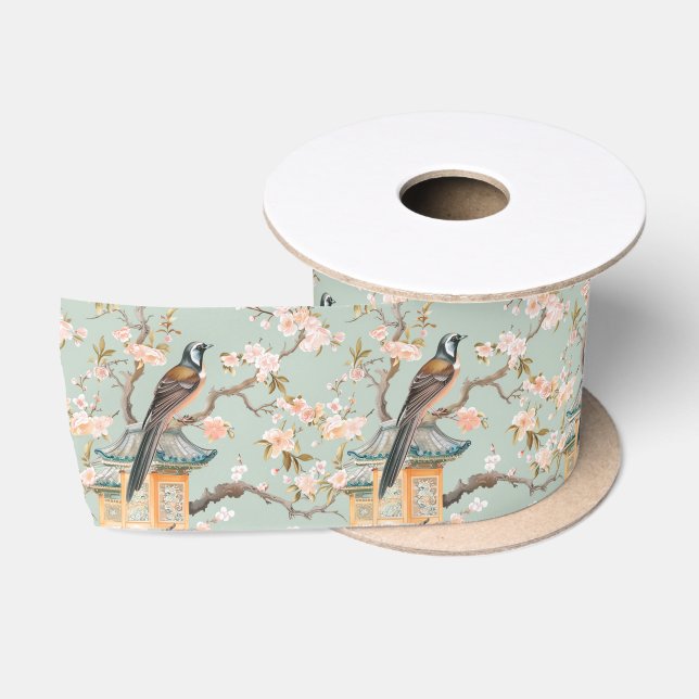 Pastel Orientalischer Vogel und Fruchtblüten Satinband (Spule)