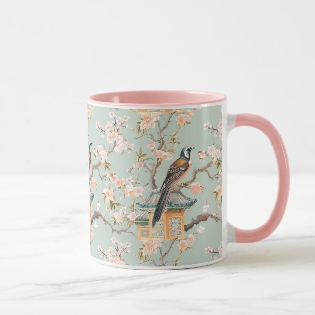 Pastel Orientalischer Vogel und Fruchtblüten Tasse (Rechts)