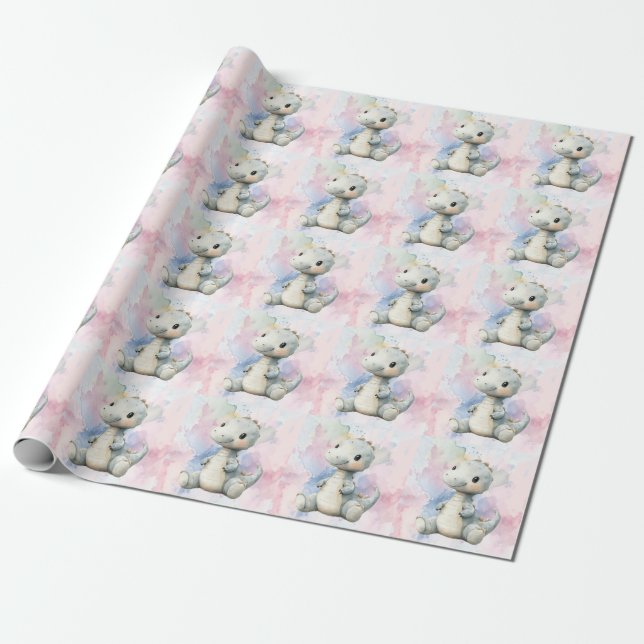 Pastel Paint Splash Adorable Dinosaur Kinderdusche Geschenkpapier (Ungerollt)