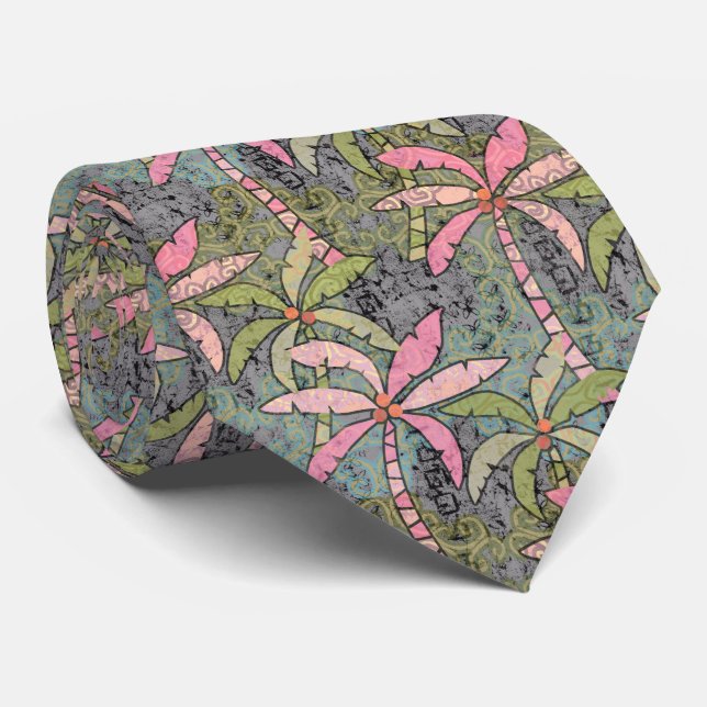 Pastel Palms Cravate rose, verte et grise (Roulé)