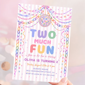 Pastel-Papierketten-Disco Two Much Fun 2. Geburtst Einladung