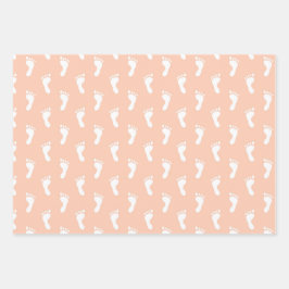 PASTEL PEACH BROWN GELBROW ROWS OF BABY FEET GESCHENKPAPIER SET