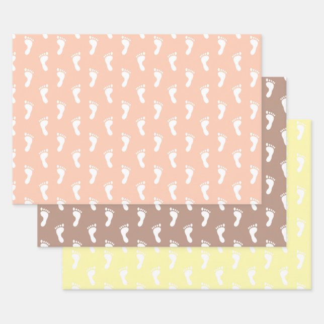 PASTEL PEACH BROWN GELBROW ROWS OF BABY FEET GESCHENKPAPIER SET (Set)
