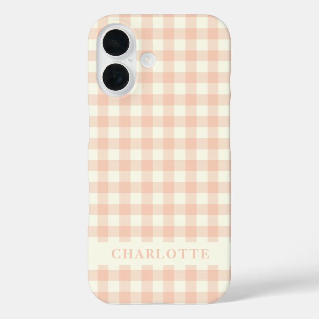 Pastel Peach Gingham Buffalo Karo Kariert Name iPhone 16 Hülle (Rückseite)