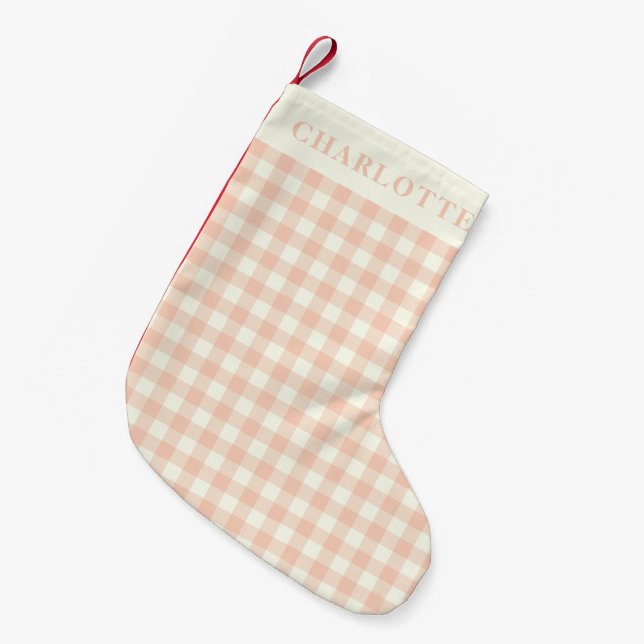 Pastel Peach Gingham Buffalo Karo Kariert Name Kleiner Weihnachtsstrumpf (Vorderansicht (hängend))