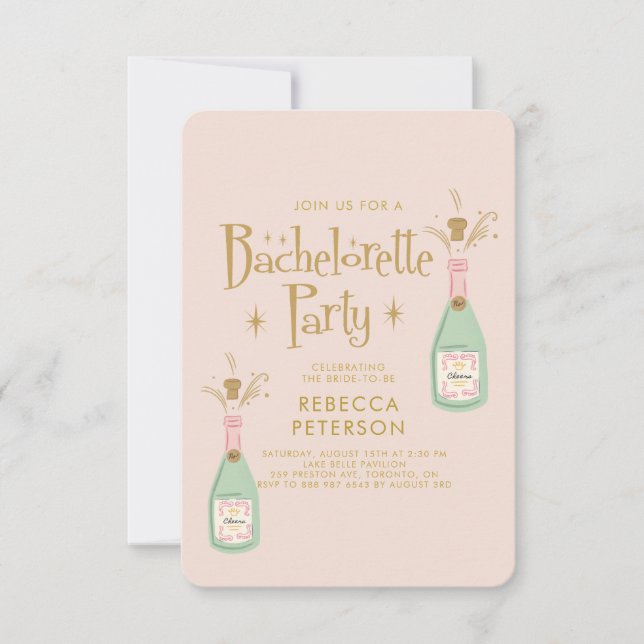 Pastel Peach Golden Champagne Junggeselinnen-Absch Einladung (Vorderseite)