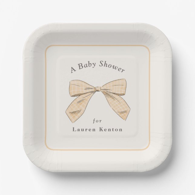 Pastel Peach Kariert Bow Elegante neutrale Babydus Pappteller (Vorderseite)