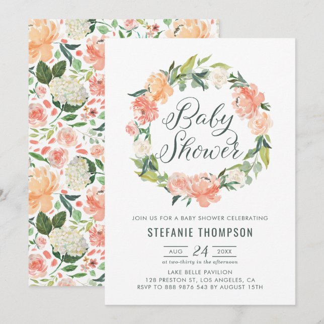 Pastel Peach Peonies Floral Wreath Baby Dusche Einladung (Vorne/Hinten)