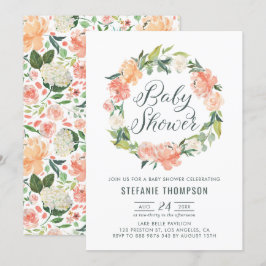 Pastel Peach Peonies Floral Wreath Baby Dusche Einladung