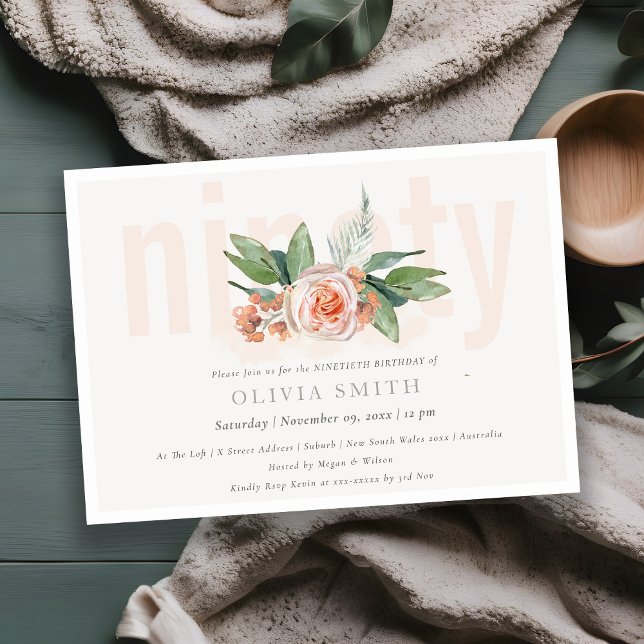 Pastel Peach Rose Blumenbunch 90 Geburtstag Einlad Dankeskarte (Von Creator hochgeladen)