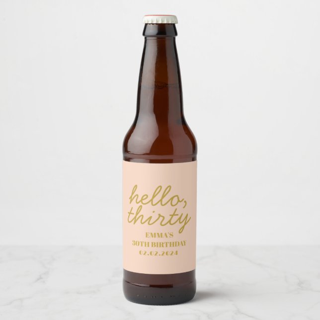 Pastel Peachy Hello Thirty Birthday Favor Box Bierflaschenetikett (Vorderseite)