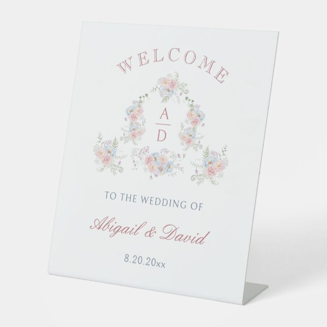 Pastel Peonies Frame Wedding Monograms Welcome Sockelschild (Vorderseite)