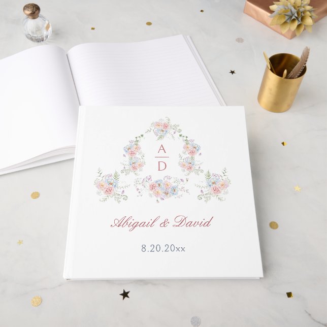 Pastel Peonies Rahmen Hochzeitsmonogramme Gästebuch (Vorderseite offen)