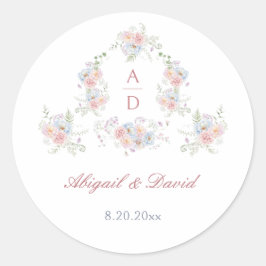 Pastel Peonies Rahmen Hochzeitsmonogramme Runder Aufkleber
