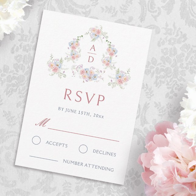Pastel Peonies Rahmen Wedding Monogram RSVP Card (Von Creator hochgeladen)