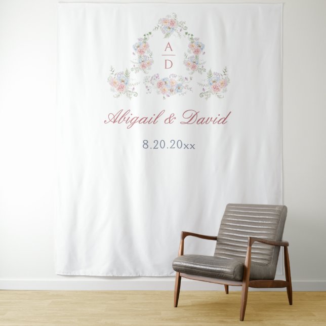 Pastel Peonies Rahmen Wedding Monogramm Hintergrun Wandteppich (Beispiel)