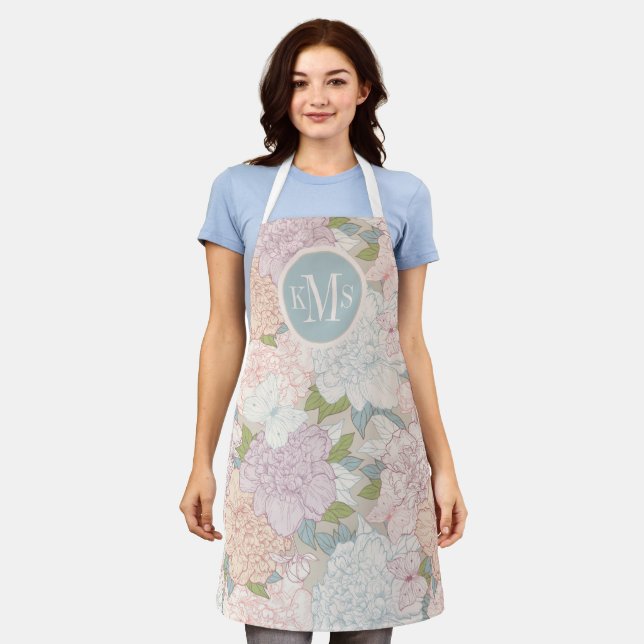 Pastel Peony & Butterfly Flower Pattern Schürze (Getragen)