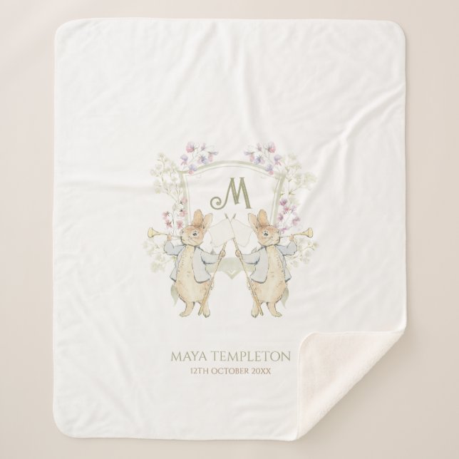 Pastel Peter der Rabbit Monogram Twins Baby Dusche Sherpadecke (Vorderseite)