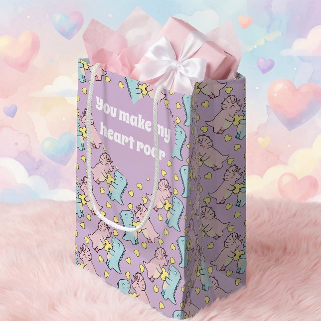 Pastel Pink And Blue Romantic Dinosaur Kleine Geschenktüte (Cute pastel dinosaur love bag. It's perfect for Valentine’s Day surprises. Change the words.)