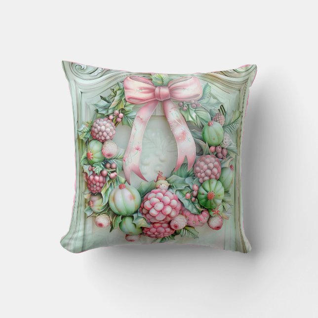 Pastel Pink and Green Christmas Throw Pillow Kissen (Vorderseite)
