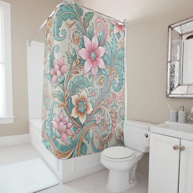 Pastel Pink Aquamarin Boho Indonesische Batik Flor Duschvorhang (Beispiel)