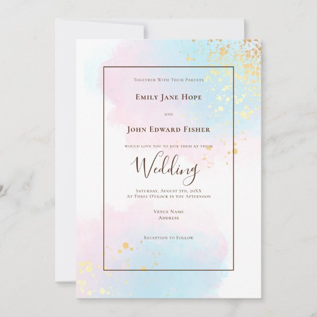 Pastel Pink Aquamarin Watercolor Goldplashes Hochz Einladung (Vorderseite)