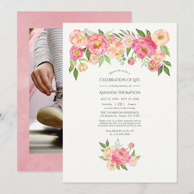 Pastel Pink Aquarellbäume Feiern des Lebens Einladung (Vorne/Hinten)