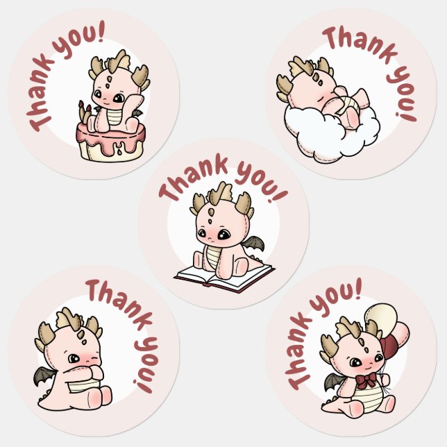 Pastel Pink Baby Dragon Danke Etiketten (Gruppe)