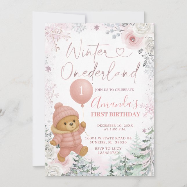 Pastel Pink Bear Balloon Winter Onederland Einladung (Vorderseite)