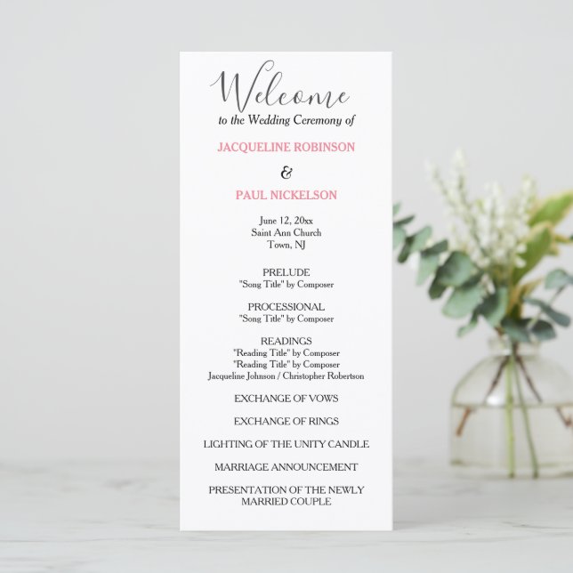Pastel Pink Black Wedding Programme (Debout devant)