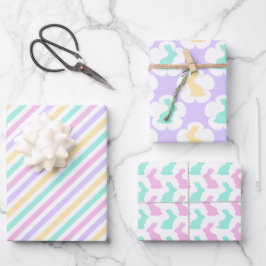 PASTEL PINK BLAU LILA GREEN EASTER BUNNIES GESCHENKPAPIER SET