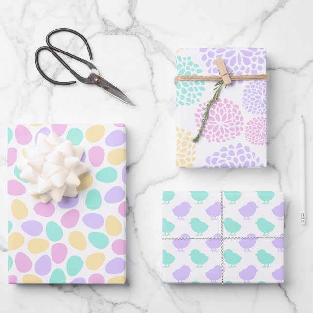 PASTEL PINK BLAU LILA GREEN EASTER EIER SCHICKEN GESCHENKPAPIER SET (Vorderseite)