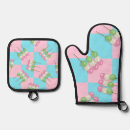 Pastel Pink Blue Checkered Dango Ofenhandschuh & Topflappen-Set