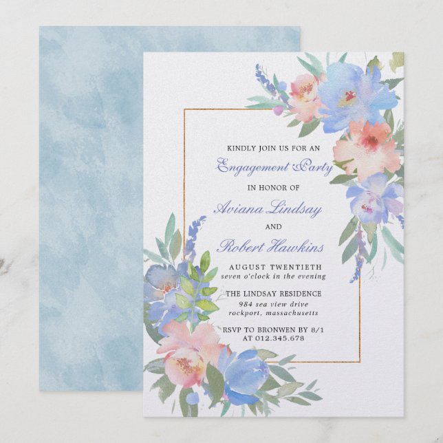 Pastel Pink Blue Floral Wedding Verlobung Einladung (Vorne/Hinten)