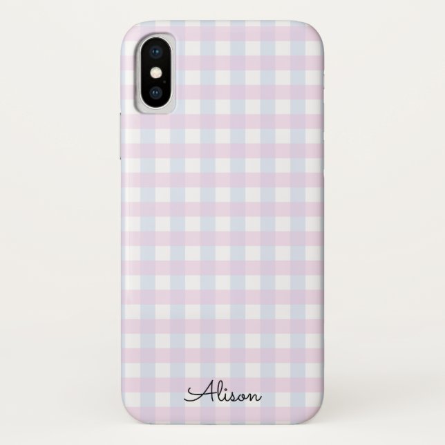 Pastel Pink Blue Gingham Personalisiert Phone Case (Rückseite)