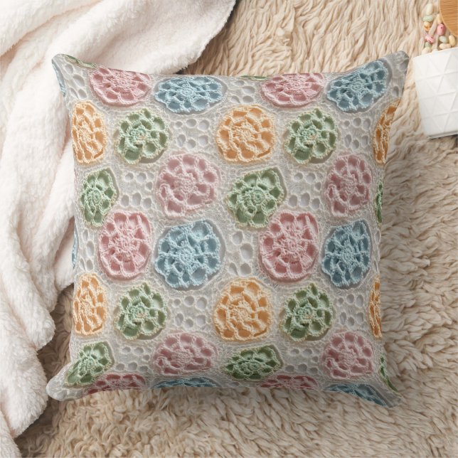 Pastel Pink Blue Green Orange Crochet Look Kissen (Decke)