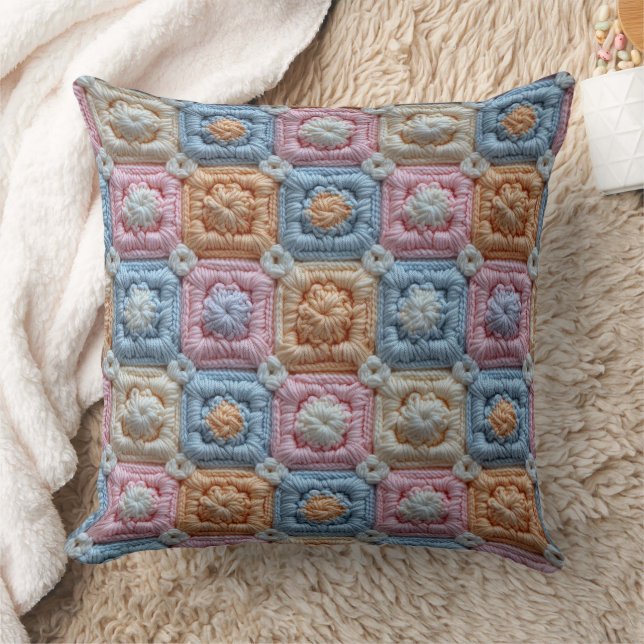 Pastel Pink Blue Ivory Orange Crochet Look Kissen (Decke)