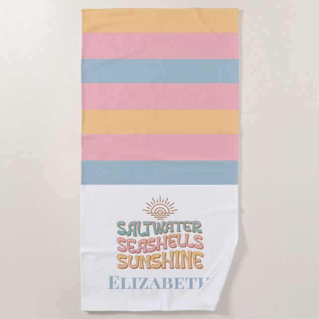 Pastel Pink Blue Orange Retro Coastal Individuelle Strandtuch (Vorderseite)